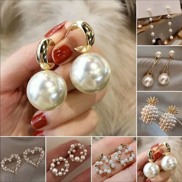 New Gold Pearl Crystal Drop Dangle Earrings - Picture 6 of 7